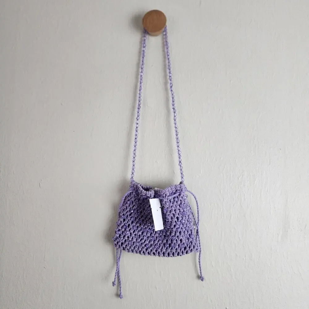 J.Crew Purple Knitted Crochet Pouch Bag Beaded Strap Drawstring - New BY236